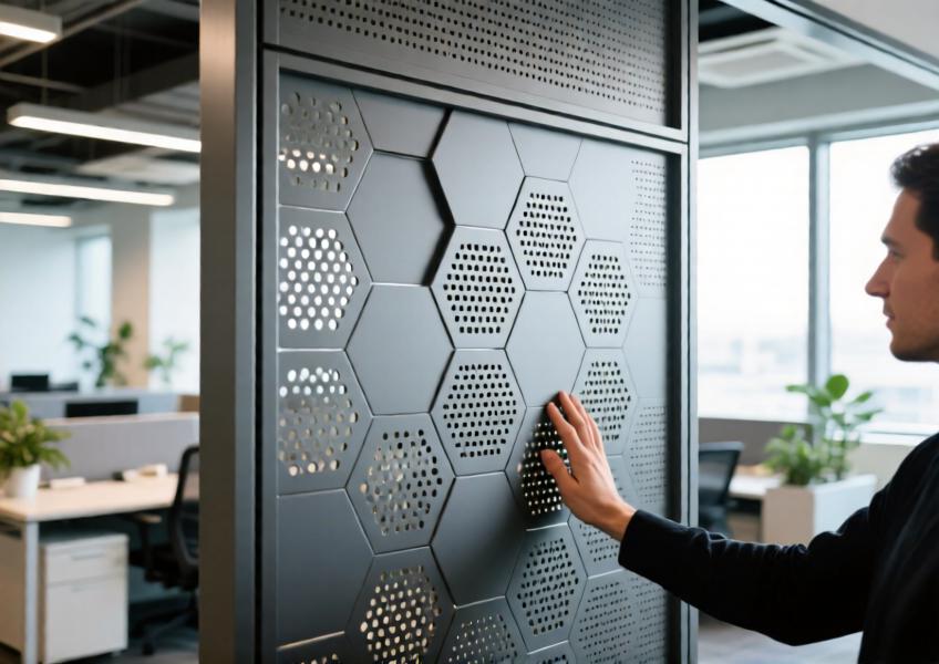 Detailed shot of a perforated panel in a commercial interior, emphasizing material texture, acoustic function, and integration into a modern workspace.