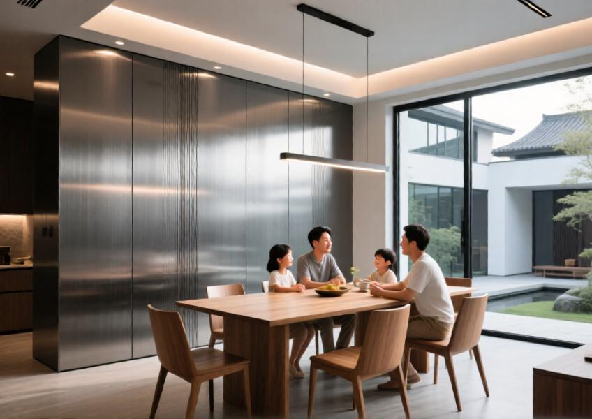 Residential interior scene showing decorative aluminum wall panels used as a stylish focal point in a contemporary dining room.