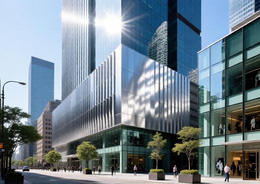 A realistic urban scene showcasing a commercial skyscraper with reflective aluminum cladding, highlighting its integration into a vibrant cityscape.