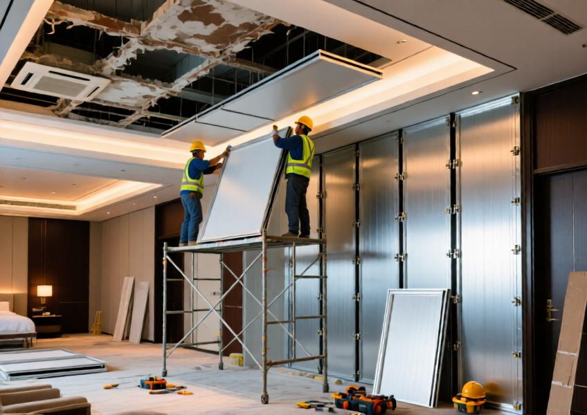 Hotel renovation site illustrating the efficient installation of modular aluminium 3mm ceiling panels using prefabricated systems and concealed fastening.