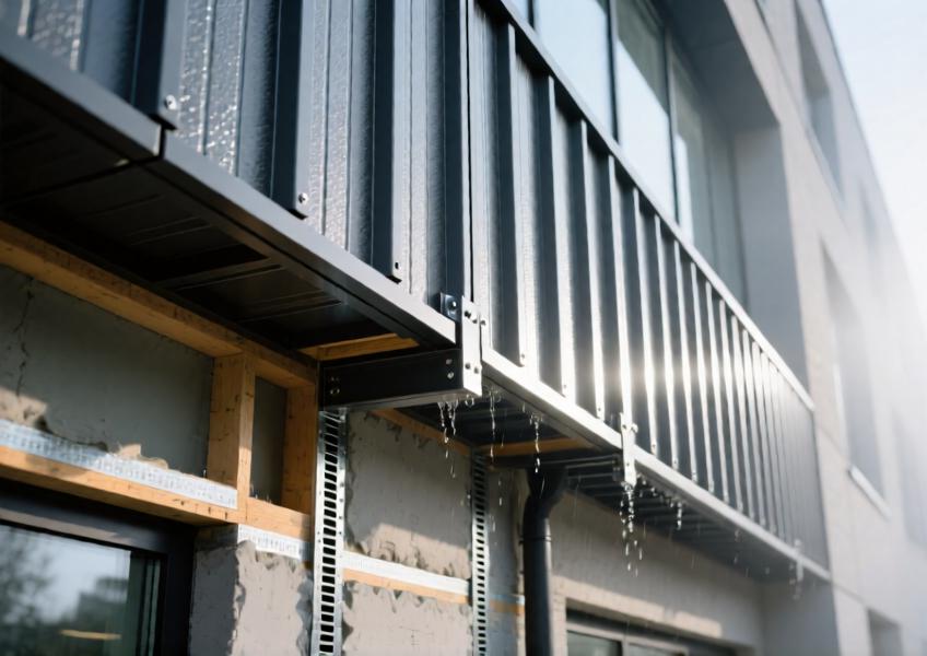 A detailed close-up of an aluminum rainscreen system, illustrating its layered construction, ventilation gap, and durable material finish in a realistic exterior setting.