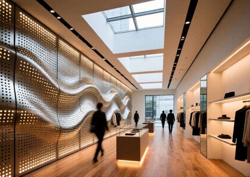 Commercial interior featuring perforated aluminum cladding that modulates natural light and enhances spatial fluidity in a flagship retail store.