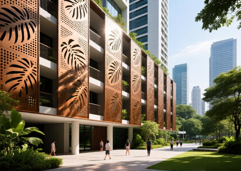 Singapore mixed-use tower with culturally inspired perforated aluminum screens for solar control and visual texture.