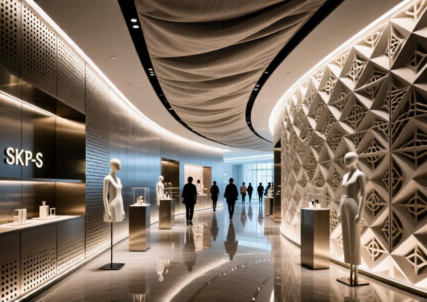 Interior of a high-end retail environment using advanced perforated metal and 3D-printed polymer cladding to shape spatial flow and enhance acoustic comfort.