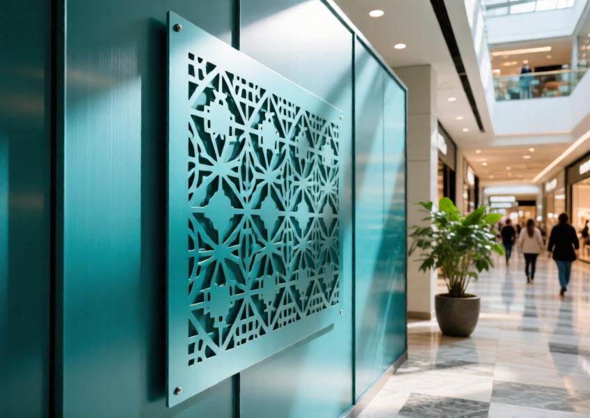 Detailed view of a perforated coloured aluminium panel used as a decorative interior partition in a commercial space.