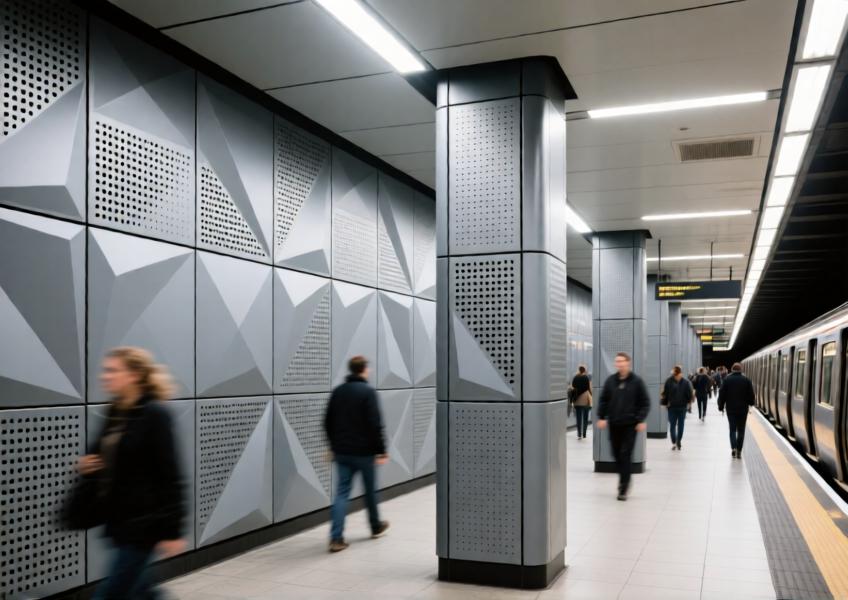 Public transit station using functional, perforated wall cladding sheets for acoustic performance and modern aesthetics in a durable, high-traffic setting.