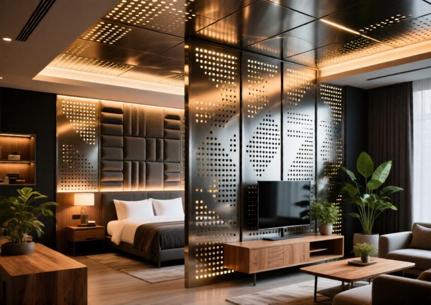 Interior of a high-end hotel showcasing perforated metal ceilings and partitions enhancing acoustics and aesthetics