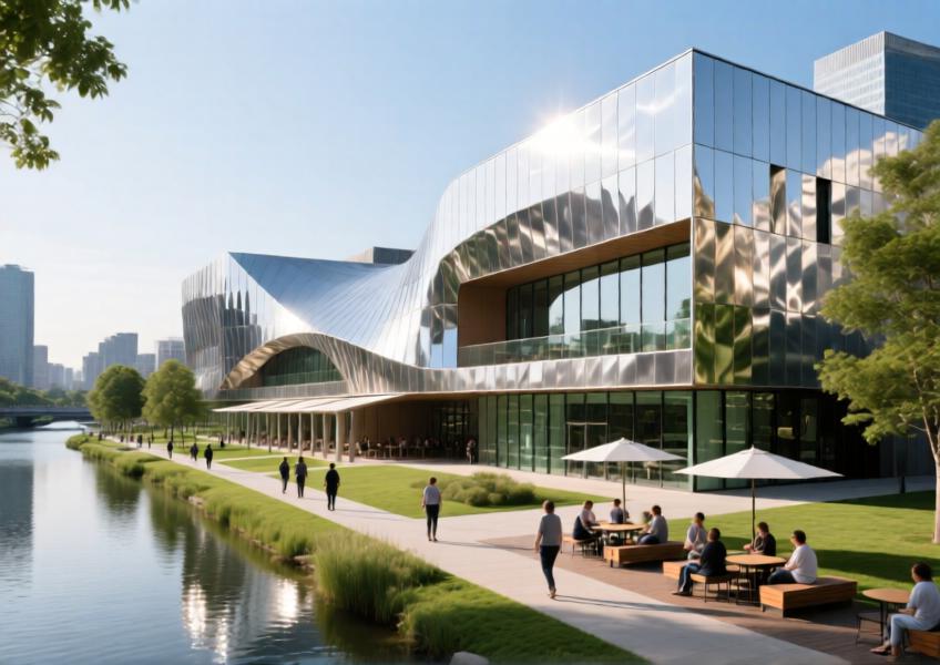 A public cultural building illustrating the application of aluminium external cladding in civic architecture, emphasizing sustainability, durability, and interaction with natural light.