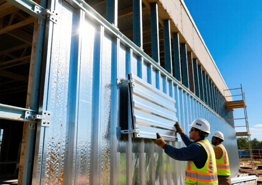 Construction scene depicting the installation of aluminum panel siding on a commercial building, emphasizing its prefabricated nature and precise mounting for curtain wall systems.