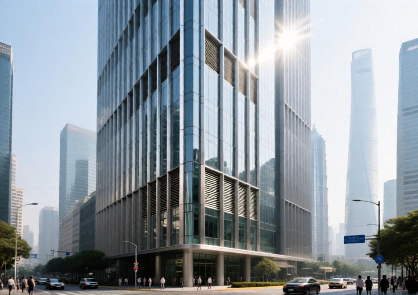 Commercial high-rise with aluminium rainscreen cladding reducing solar heat gain and enhancing energy efficiency in a tropical urban climate.