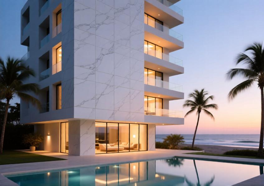 A high-end residential building featuring porcelain exterior panels, illustrated at dusk to emphasize material sophistication, lighting contrast, and serene luxury design.