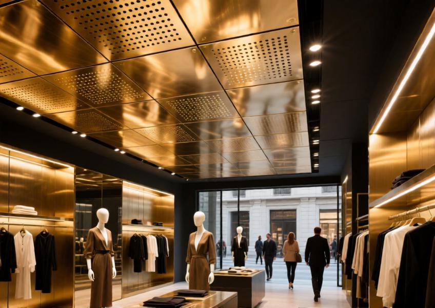 Luxury retail interior featuring a shimmering brushed brass metal cladding ceiling in a Milan boutique.