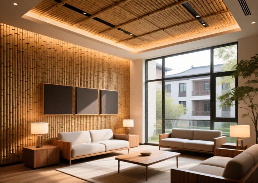 Luxury interior space with bamboo composite cladding in a Beijing residential project, combining natural aesthetics and acoustic functionality.