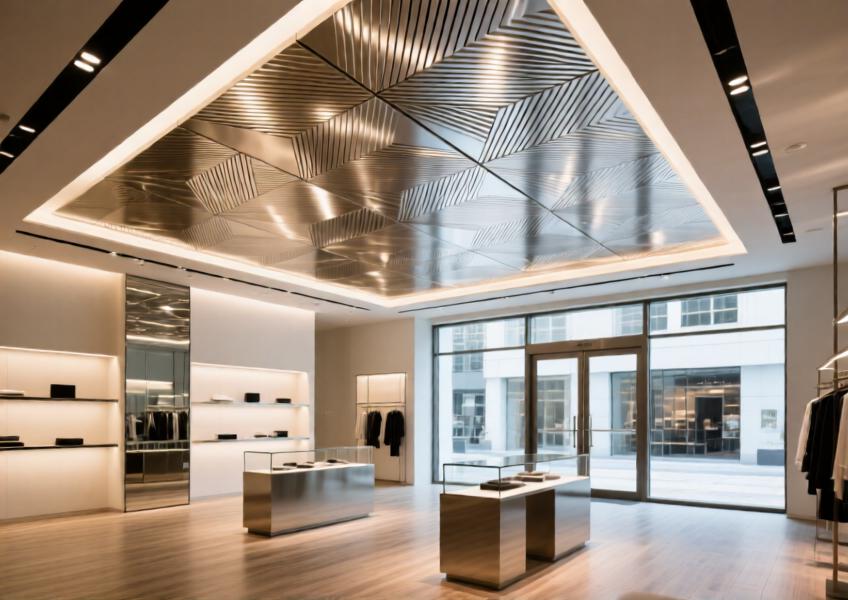 Interior of a high-end commercial space showcasing aluminum decorative sheet metal used in a refined ceiling design to elevate the atmosphere of modern luxury.