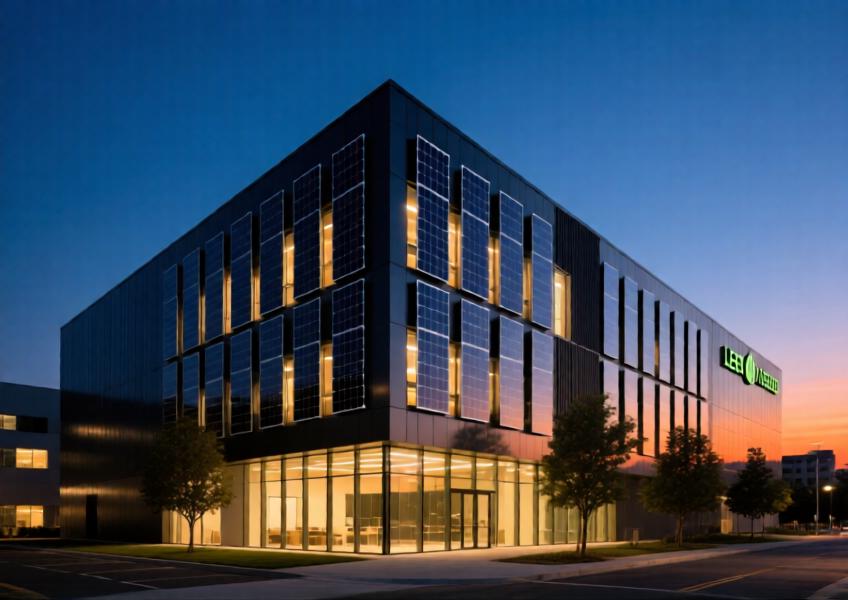 A futuristic commercial facade combining exterior metal panels with embedded photovoltaic technology, illustrating the fusion of sustainability, energy efficiency, and architectural elegance.