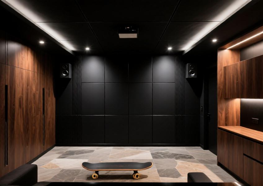 A sophisticated residential home theater using matte black longboard cladding for a cohesive and dramatic aesthetic.