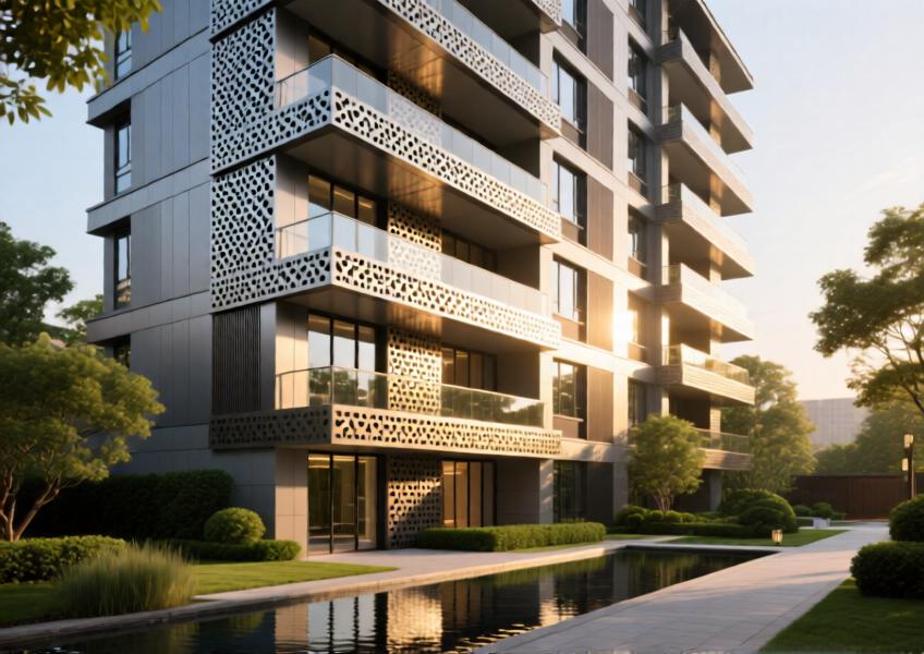 High-end residential façade with perforated aluminum cladding providing sun shading and aesthetic depth.