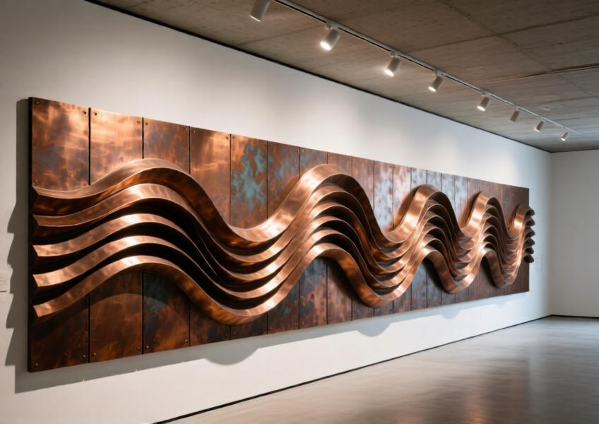 A highly detailed image of a wave-like copper wall installation in an art gallery, demonstrating the artistic and technical potential of metal wall coverings in modern interior architecture.