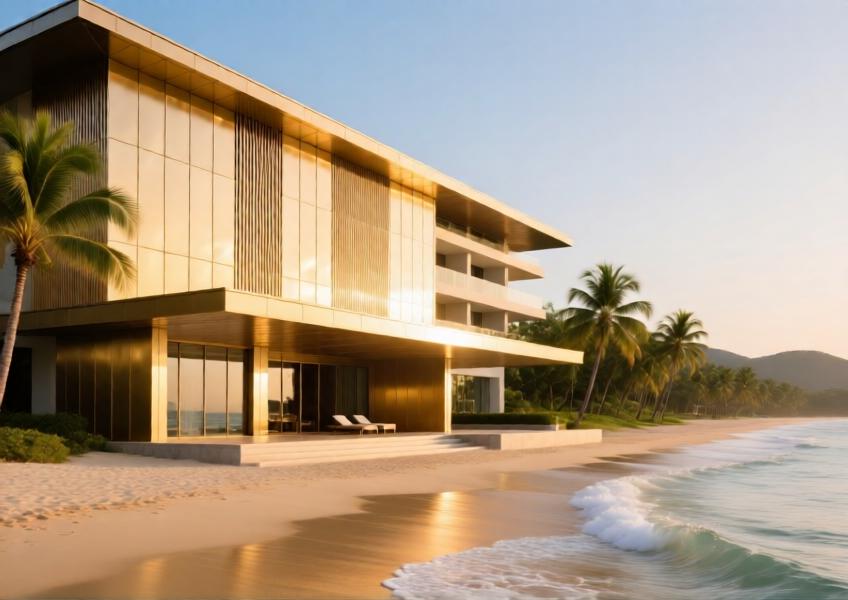 A coastal luxury hotel illustrating the use of corrosion-resistant metal wall panels in a high-humidity, seaside environment.
