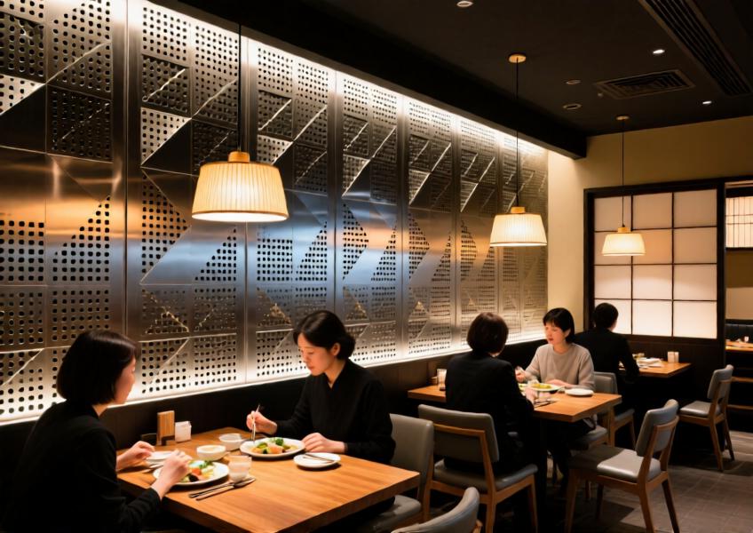 Interior shot of a Tokyo hotel dining space using perforated metal panels for aesthetic and acoustic performance.