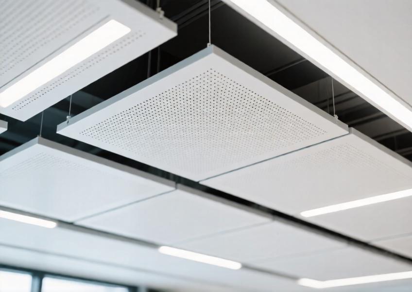 Detail of perforated, painted aluminium ceiling panels in a modern office, highlighting acoustic functionality and minimalist aesthetics