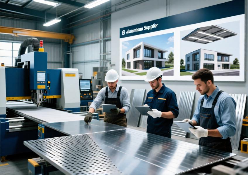 A realistic depiction of a modern aluminum sheet metal fabrication facility highlighting local sourcing, digital consultation, and precision manufacturing for architectural projects.
