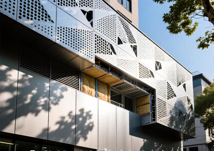 A detailed illustration of a perforated metal cladding system in an urban setting, demonstrating aesthetic customization, solar control, and advanced building envelope technology.
