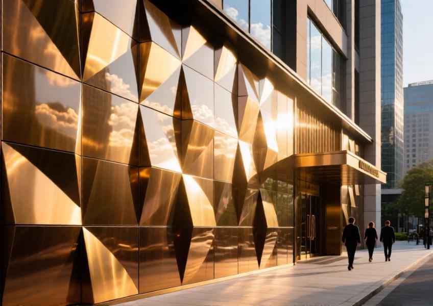 Close-up of color-shifting aluminium cladding on a luxury hotel, capturing the interplay of light and design in a high-end urban setting.