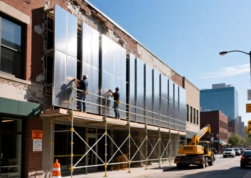 A renovation project showcasing the installation of aluminium panels on a commercial façade, blending modern aesthetics with functional upgrades.