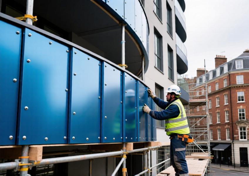 A detailed scene of aluminum cladding installation on a curved architectural form, demonstrating adaptability, craftsmanship, and urban design integration.