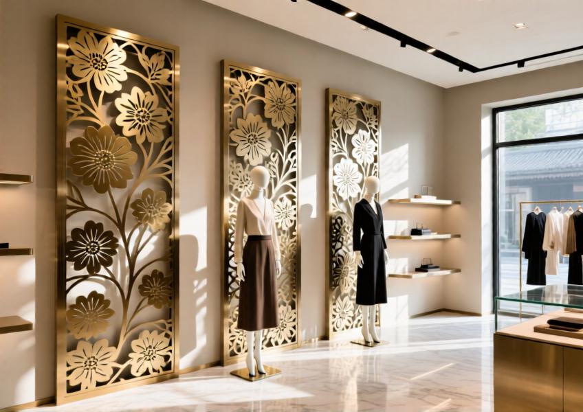Floral-patterned perforated metal walls in a luxury boutique, using light and shadow for artistic visual impact.