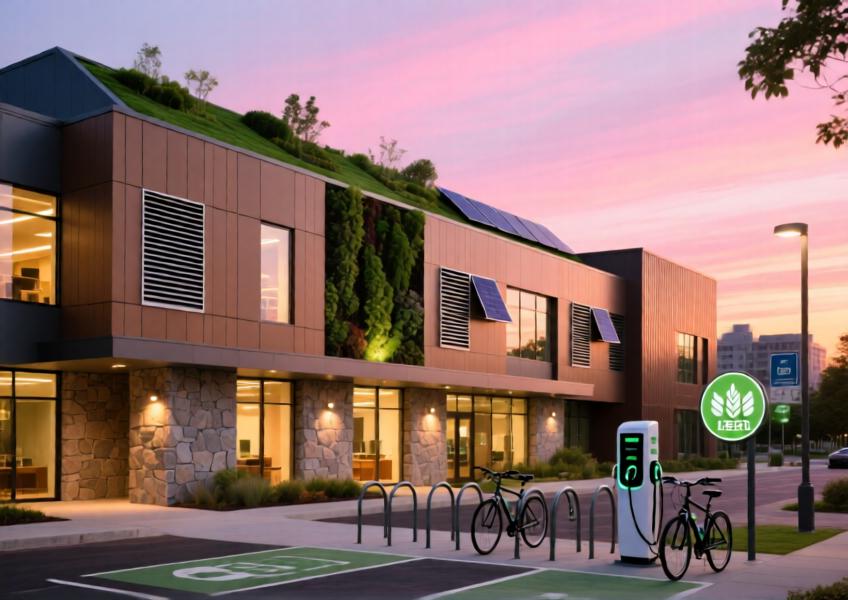 A sustainable commercial building with energy-efficient exterior wall panels and eco-friendly features under twilight lighting, highlighting environmental integration and green design.