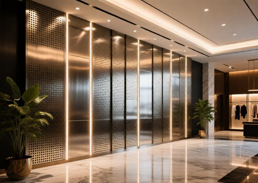 Interior use of perforated stainless steel cladding sheets in a high-end hospitality environment, highlighting texture, lighting integration, and sophistication.