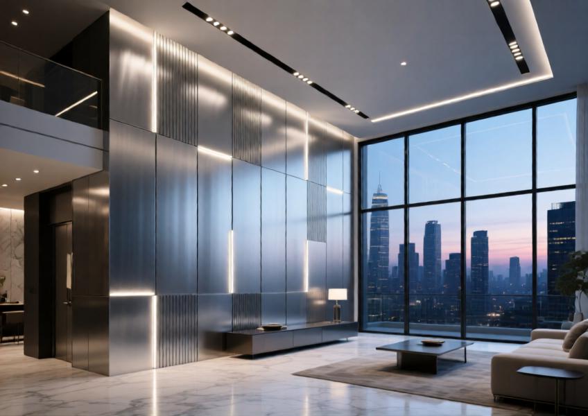 Interior view of a luxurious residential lobby using aluminium cladding for a refined, modern look with integrated lighting.