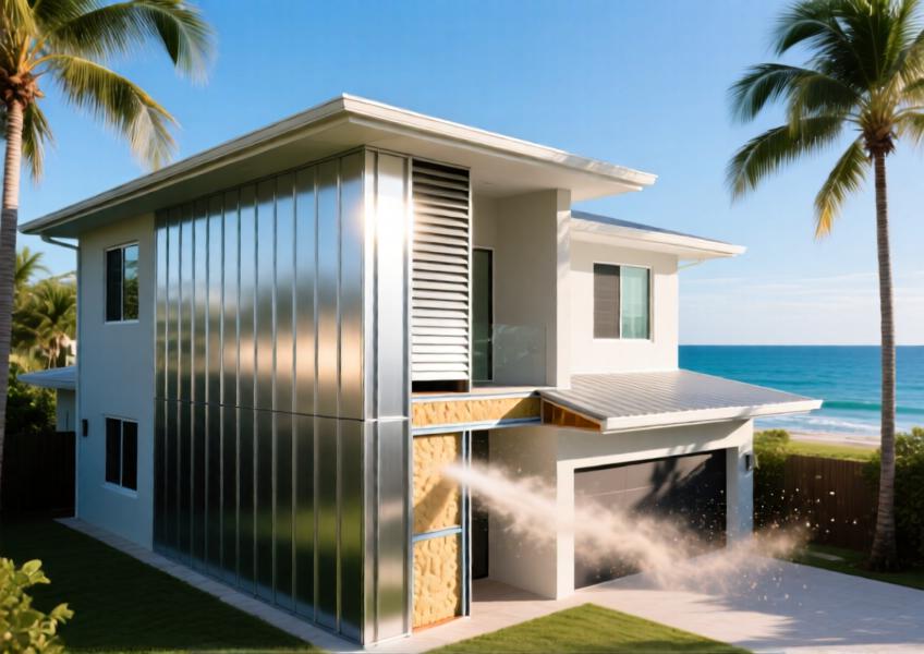 A detailed view of a residential rainscreen system in a tropical climate, emphasizing thermal efficiency and construction layers.