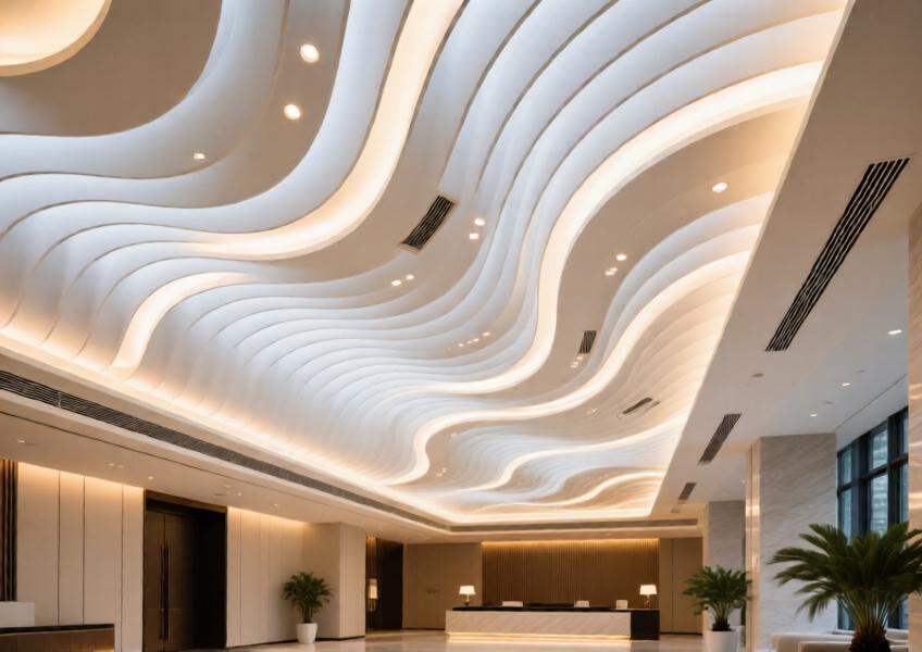 Interior shot of a curved white aluminum ceiling in a high-end hotel, demonstrating seamless integration of form, function, and technology in modern architectural interiors.