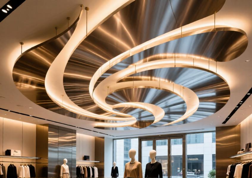 A curved aluminum ceiling installation in a high-end retail store, demonstrating how the panels enhance both visual flow and brand experience.