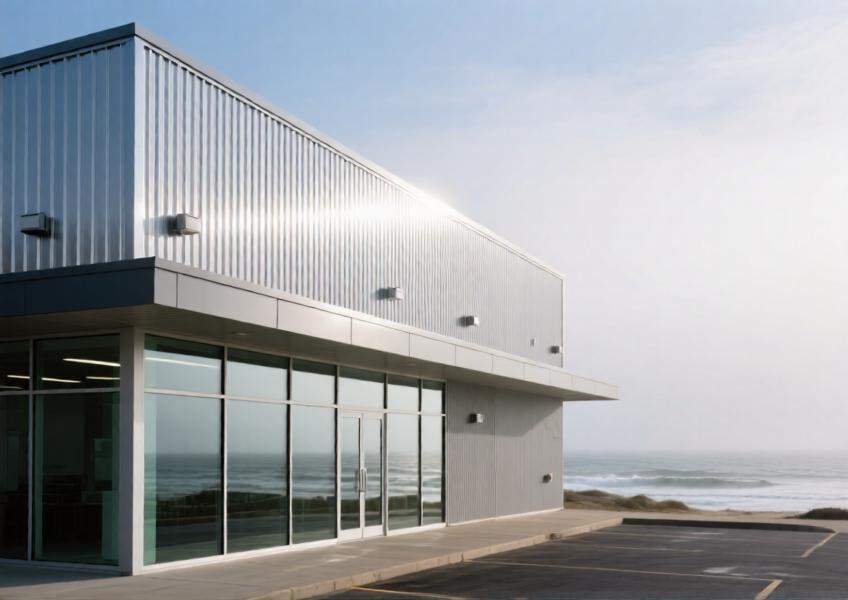 Durable aluminum composite cladding on a coastal commercial building, showcasing resistance to salt corrosion and UV exposure.