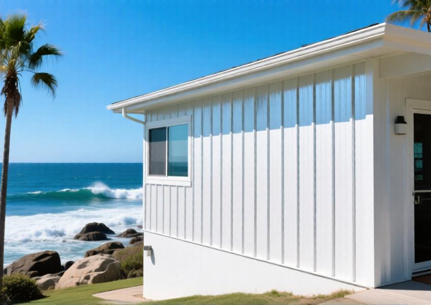 A durable, modern seaside home clad in corrosion-resistant decorative metal panels, illustrating both aesthetic appeal and functional resilience in a coastal climate.