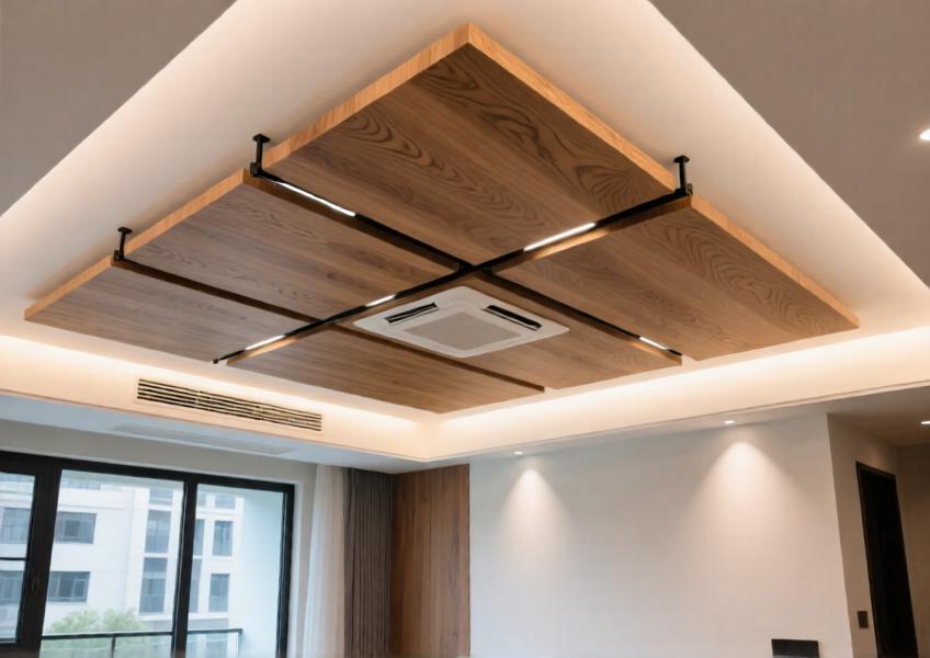 Detail view of a suspended faux wood ceiling in a modern home, highlighting innovative installation and clean visual design.
