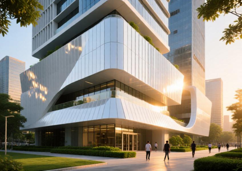 Mixed-use building in Shenzhen showcasing white aluminum panels on façade and soffits, highlighting design flexibility and sustainable features.