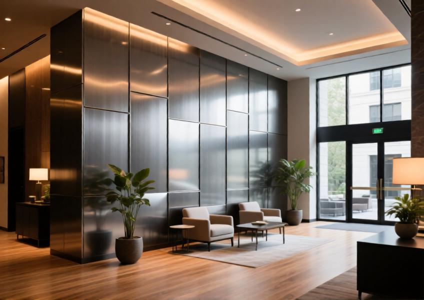 Interior view of a hotel lobby featuring a grey aluminium-clad feature wall, blending modern elegance with functional design in a high-end public space.