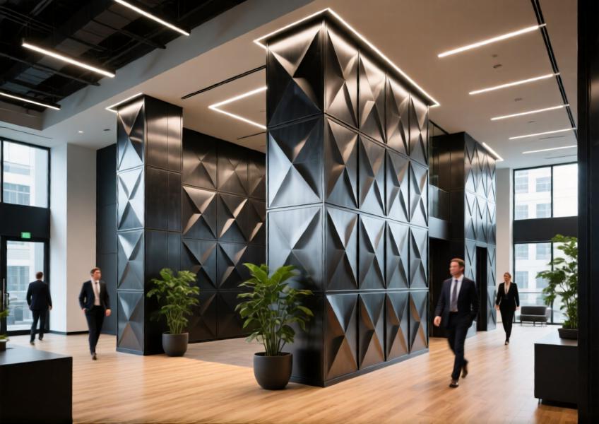 Interior commercial space highlighting the use of textured steel sheet cladding for aesthetic and functional design elements.