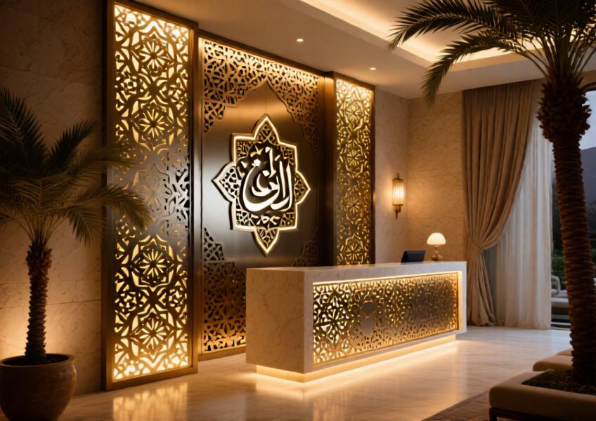 Backlit perforated aluminum panels with Arabic geometric designs in a luxury Dubai spa, providing both aesthetic beauty and spatial definition