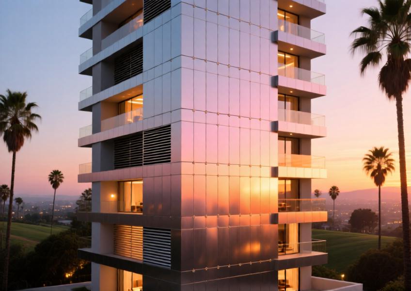 Minimalist aluminum composite facade on a high-end residential tower in LA, illuminated by golden hour light.