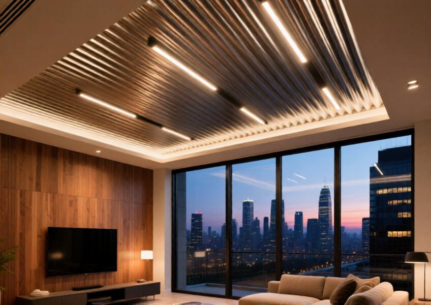 A residential ceiling installation using corrugated aluminum to create a sculptural, textural element that complements wood and glass in a high-end modern penthouse.