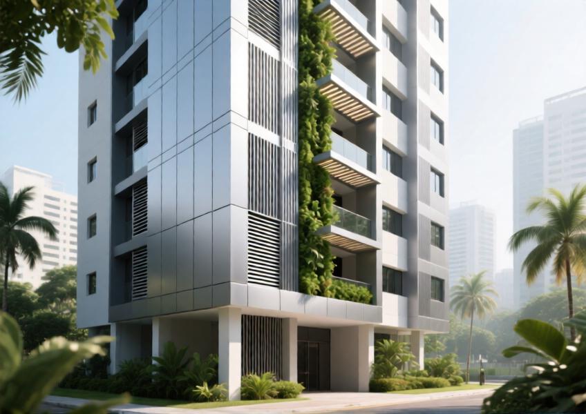 Aluminium rainscreen system on a Singapore residential tower, emphasizing energy efficiency and noise reduction in a tropical climate.