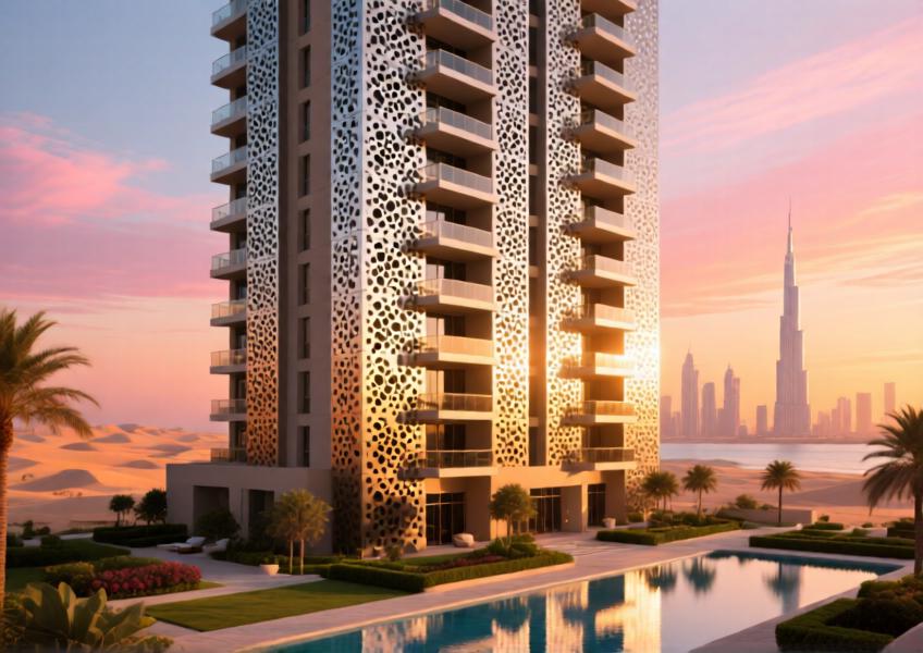 High-end residential tower using perforated aluminium panels for both solar control and visual elegance, captured at sunset to emphasize light interaction and design sophistication.