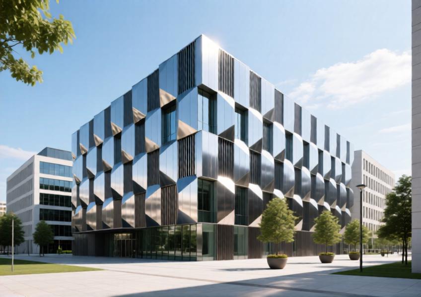 Commercial office building with sculptural metal rainscreen cladding emphasizing architectural identity and material depth in an urban European setting.