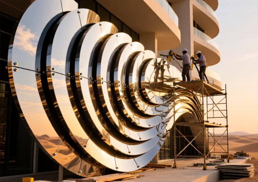 Dubai luxury condo with sculptural stainless steel cladding, highlighting precision engineering and organic architectural form during installation.